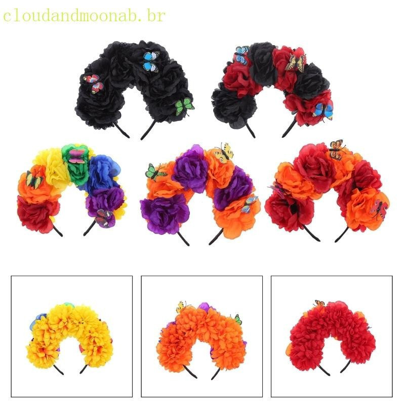 CLO Dia dos Mortos Bandana Crown พวงมาลัยผมสไตล์เม็กซิกัน สำหรับงานฮาโลวีนและคอสเพลย์