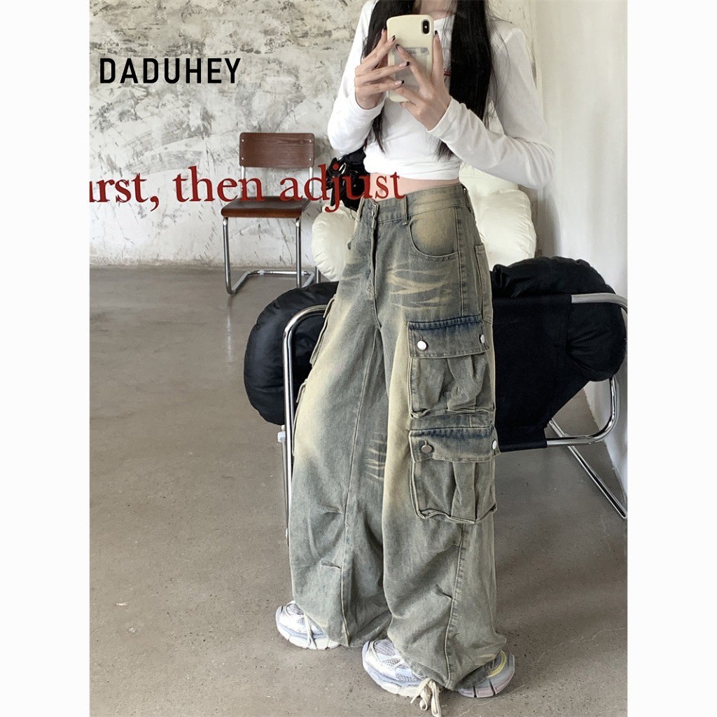 DaDuHey Workwear Women's Pants Women's Retro Street Trendy Cool Multi-Pocket Loose-Fitting Wide-Leg Trousers