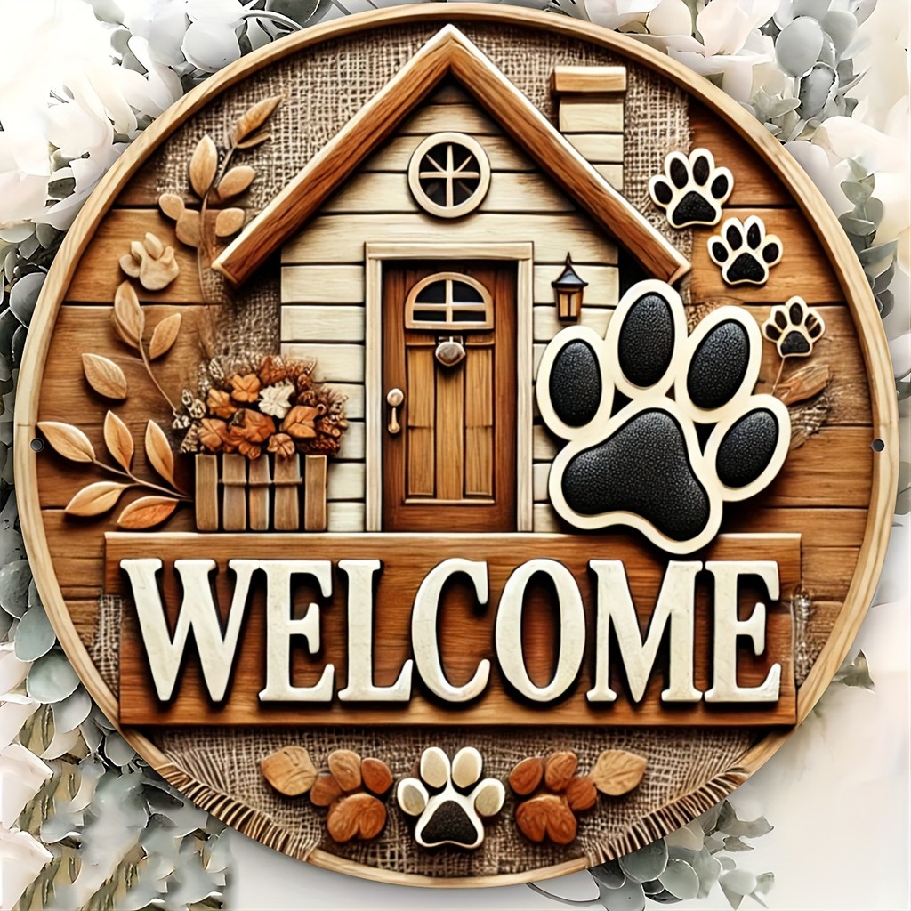 2D น่ารัก Puppy Paw พิมพ์ House โลหะ Wall Art Decor 8x8 นิ้วรอบยินดีต้อนรับป้ายสําหรับห้องนั่งเล่นห้
