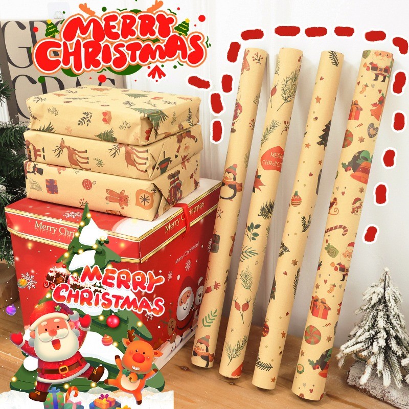 กระดาษคราฟท์สีน้ําตาลธรรมชาติสําหรับห่อของขวัญ-แผ่นบรรจุภัณฑ์คริสต์มาสสไตล์วินเทจตัดง่าย/พับสําหรับงานฝีมือ ทําเอง ชุด2/6/10ชิ้น ﻿