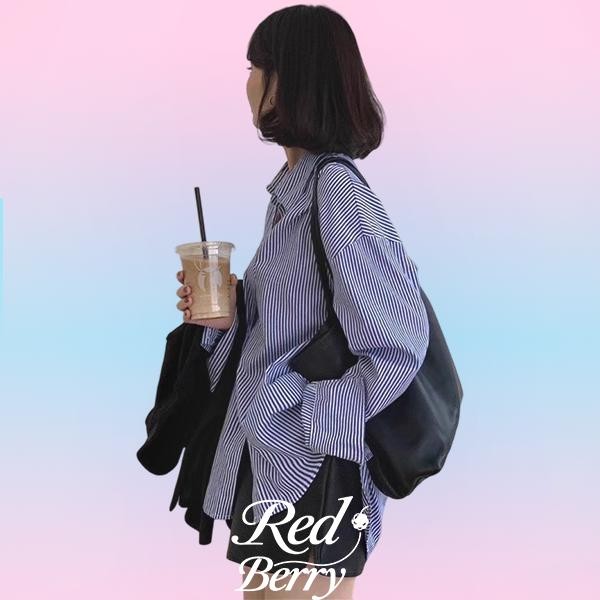 Red Berryเสื้อเชิ้ตกันแดดฤดูร้อนสำหรับผู้หญิง แขนยาวลายทางสีน้ำเงินใหม่ อ่อนโยนW261