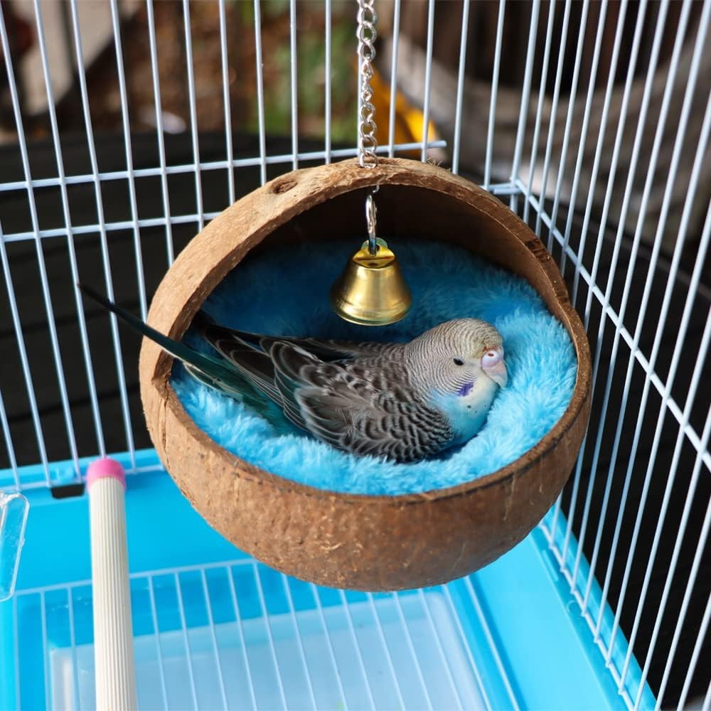 2 ชิ้นธรรมชาติกะลามะพร้าว Bird Nest House Bed Breeding Nesting Anti-Packing กัดพร้อม Warm Pad และ Be