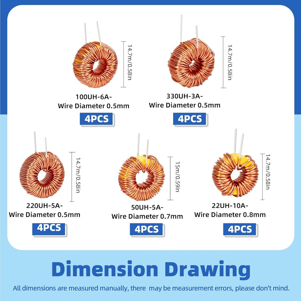 Glarks 20pcs 5 ขนาด Toroid Core Inductor Kit, 22UH-10A 50UH-5A 100UH-6A 220UH-5A 330UH-3A เหนี่ยวนํา