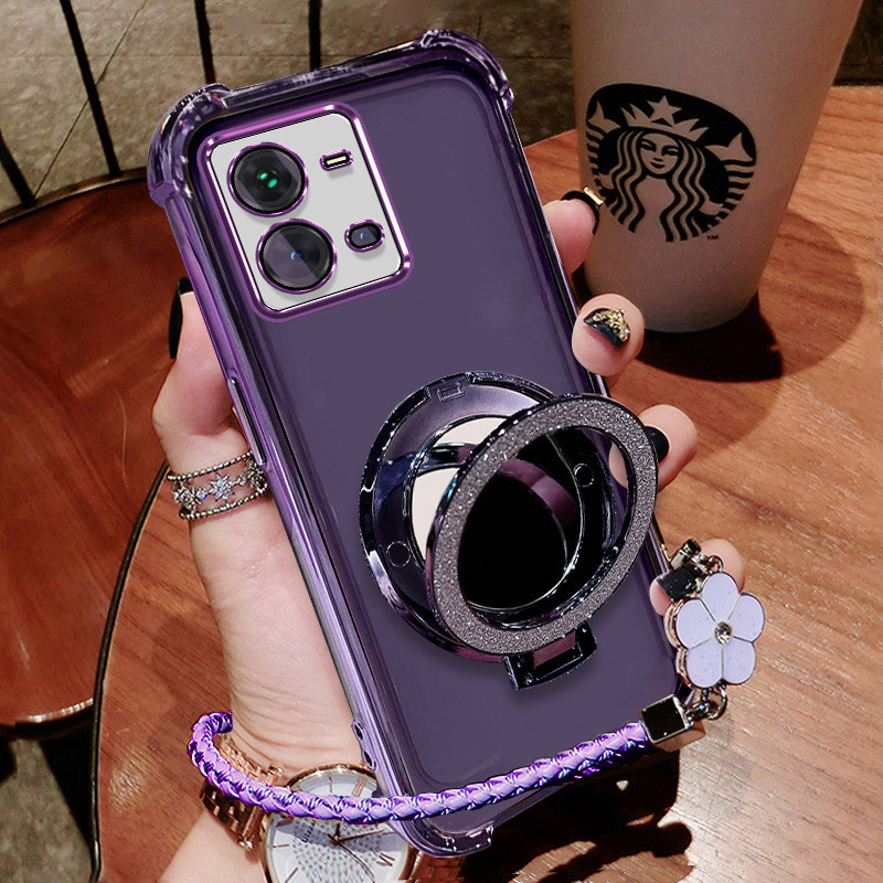 ปลอก vivo v25 5G v25e V25 PRO กระจกแต่งหน้าเครื่องสําอางขาตั้ง Ultra Thin Soft Case สีใหม่สีม่วงเคสป้องกันการกระแทกพร้อมฝาครอบสร้อยข้อมือ