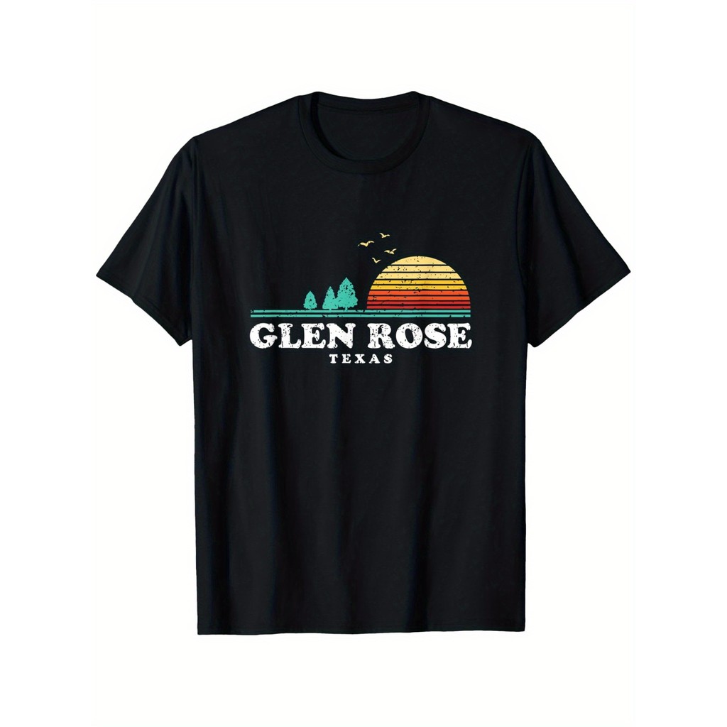 Glen Rose, TX, Sunset & Forest Design เสื้อยืดผู้ชาย, 180g, สีดํา (S-XXXL)