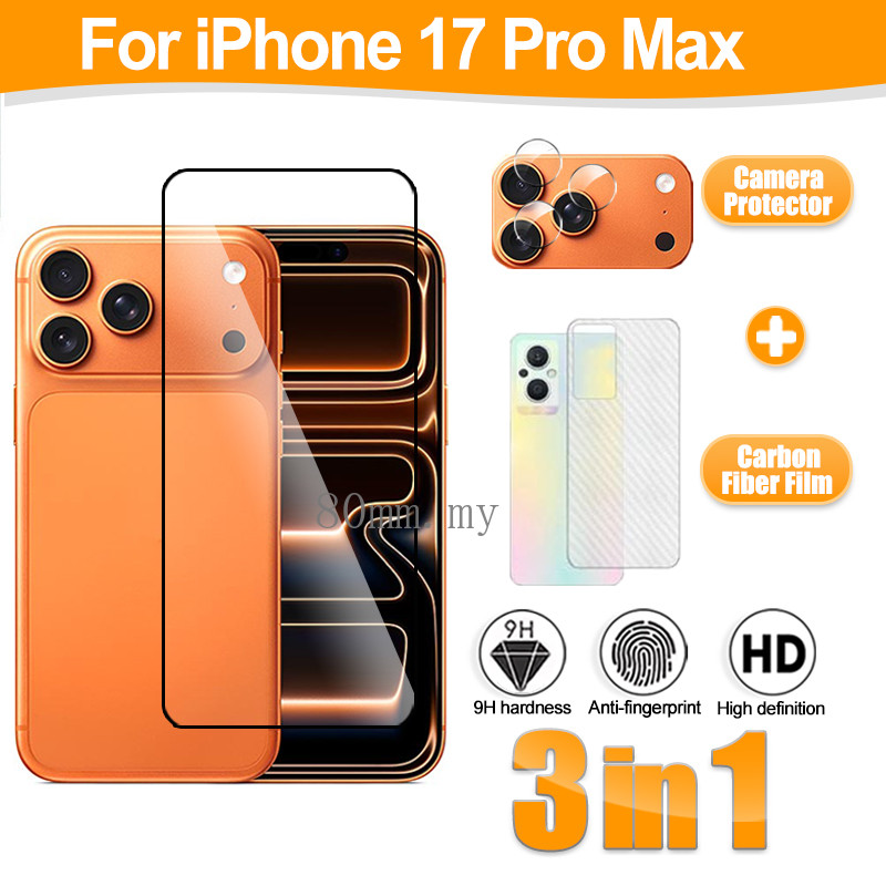 กระจกนิรภัย 3 IN 1 ฟิล์ม สำหรับ iPhone 17 Pro Max 17 Air 16 15 14 13 12 11 Pro Max Plus ฟิล์มกระจกกันรอยหน้าจอ & ตัวป้องกันกล้อง & ฟิล์มด้านหลัง