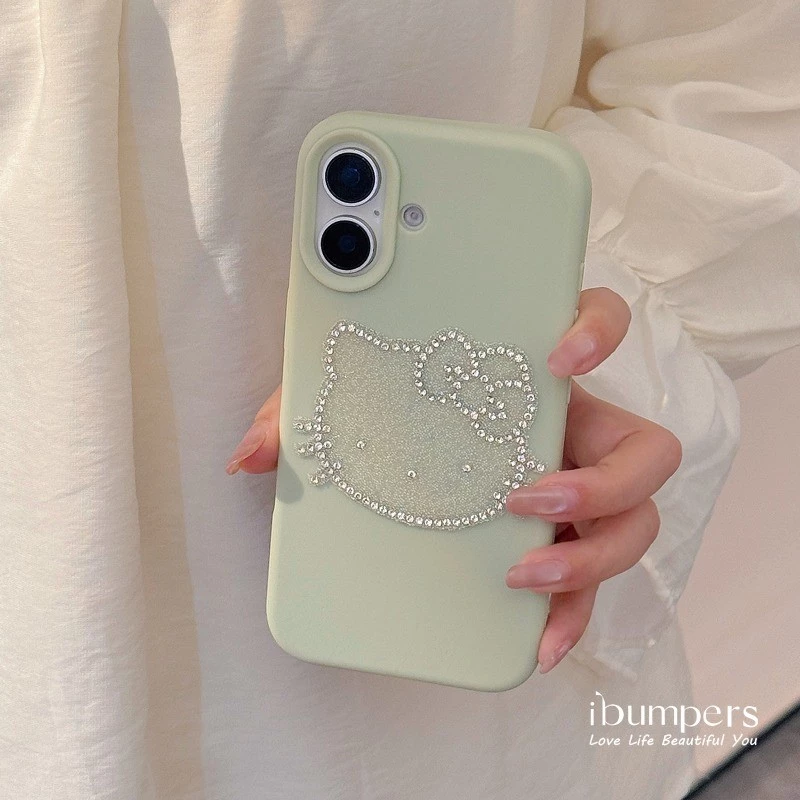 Ibumpers ความงาม Rhinestone Hello Kitty สติกเกอร์เคสโทรศัพท์สําหรับ IPhone 11 12 13 14 15 16 17 Pro Max Liquid Silicon ปกหลัง thumbnail 4