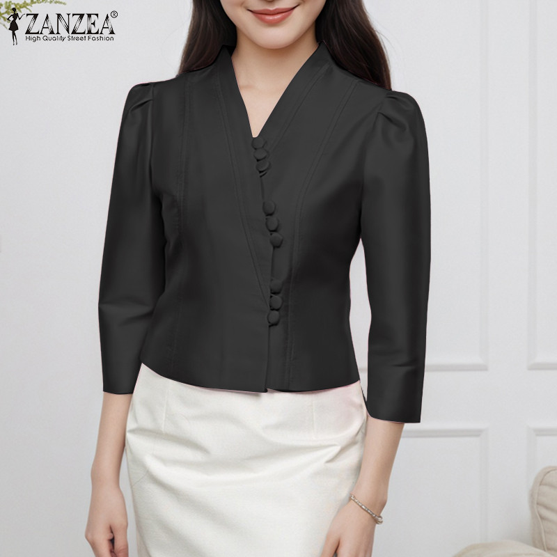 ZANZEA เสื้อซาตินสไตล์เกาหลี noble elegant สำหรับผู้หญิง ดีไซน์วิถีเกาหลี แขน 3/4 กับปุ่ม — صورة 4