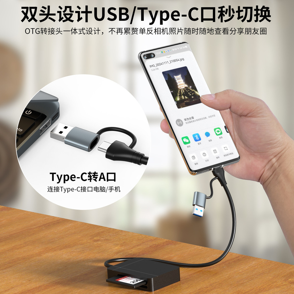 内存卡读卡器MS/CF/2*SD/2*TF/XD5张同时读TYPE-C/USB储存hub
