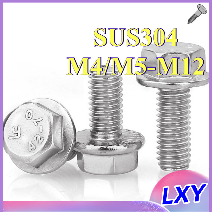 สกรูติดแหวน น็อต สกรู น็อตหัวหกเหลี่ยม ติดจาน พื้นหยาบ สแตนเลส 316 เกลียวมิล หยาบ  (มีฟัน) / GB5789 Hexagon Flange Bolts SUS316 M4/M5/M6/M8/M10/M12 [LXY-CB-12]