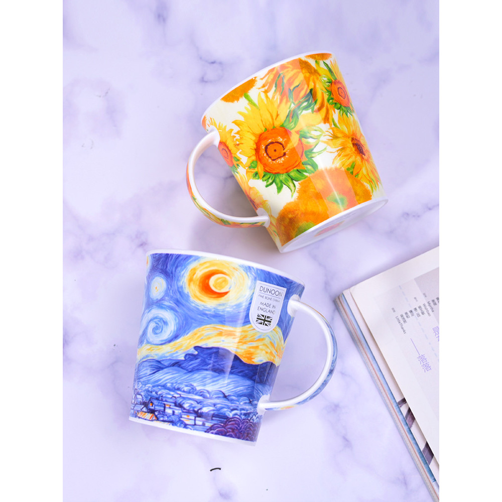 UK DUNOON DUNOON Van Gogh Bone China Mug ถ้วยกาแฟความจุขนาดใหญ่เซรามิค Sunflower Starry Sky ถ้วยน้ํา