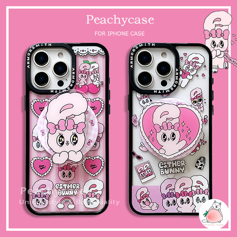 น่ารัก Love Heart Esther Bunny Kickstand เคสโทรศัพท์แม่เหล็กสําหรับ iPhone 17 16E 15 14 Plus 13 12 Pro Max 11 17Air อะคริลิค Anti-Scratch Hard ปลอกปกหลัง
