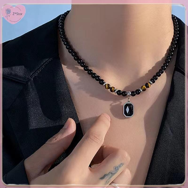 Z * Starลูกปัดสีดําพร้อมจี้สี่เหลี่ยมสร้อยคอสําหรับผู้ชายอุปกรณ์เสริมอินเทรนด์เครื่องประดับตกแต่งชาย
