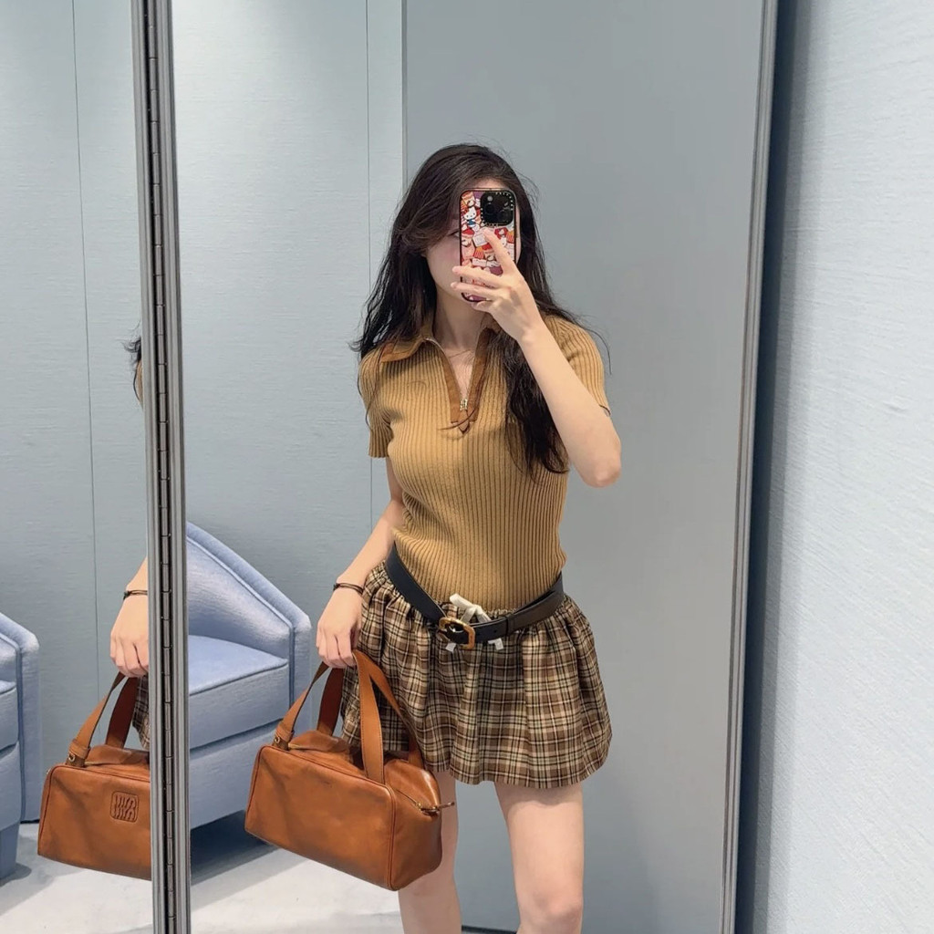 6ZPD MI*U Summer French Color Block polo Collared Knitted Short Sleeve Women's Crop Top