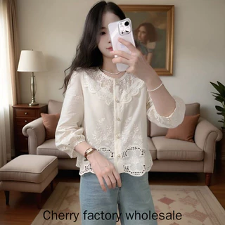 เสื้อผ้าแฟชั่นผู้หญิงใหม่ ผลิตจากผ้าฝ้ายแท้ปักลูกไม้ แขนยาว สไตล์เรียบหรู