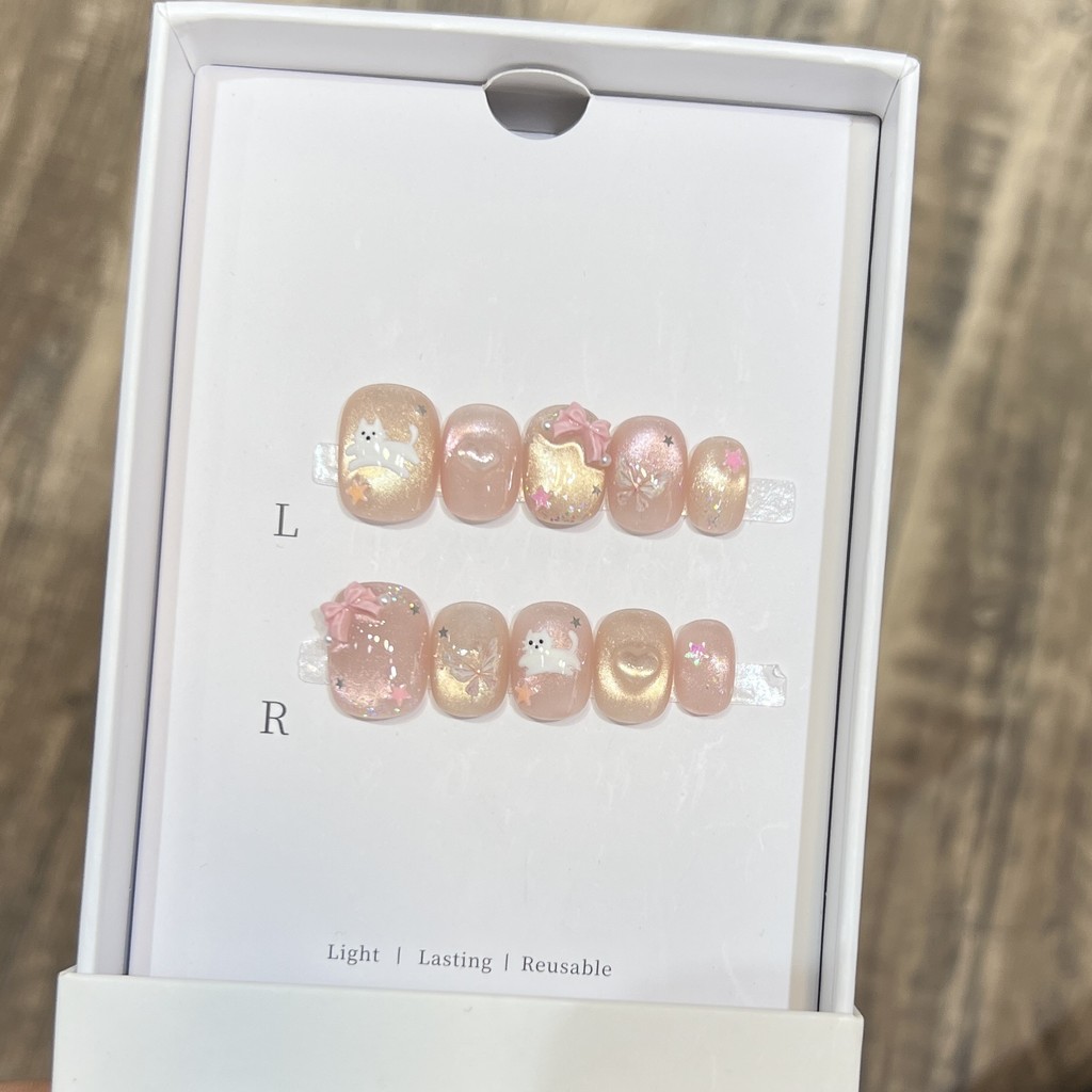 Derison [Butterfly Meow Words] Handmade Wearing Nails Short Cute Style Cat Eye Butterfly Nails Hand-Painted Cat