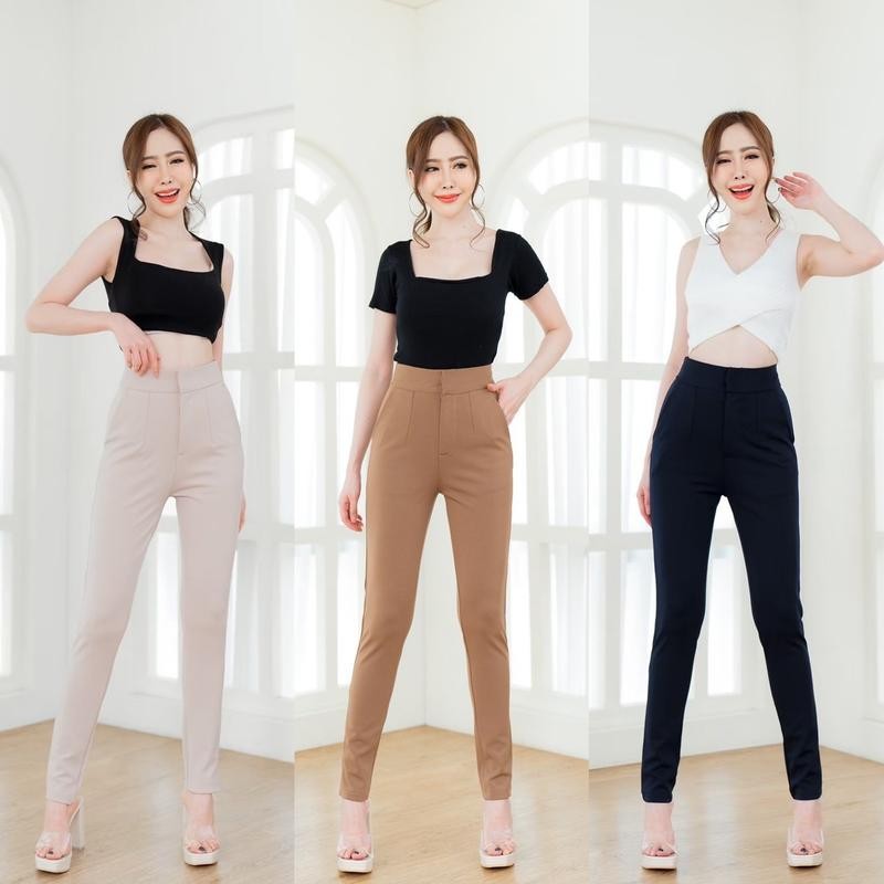 G53 กางเกงเอวสูง ไซส์ S-7XL ตะขอหน้า ผ้าโรเชฟเนื้อดี ขาเดฟ9ส่วน ใส่ทำงาน ผู้หญิง Outfits เสื้อผ้า Pa