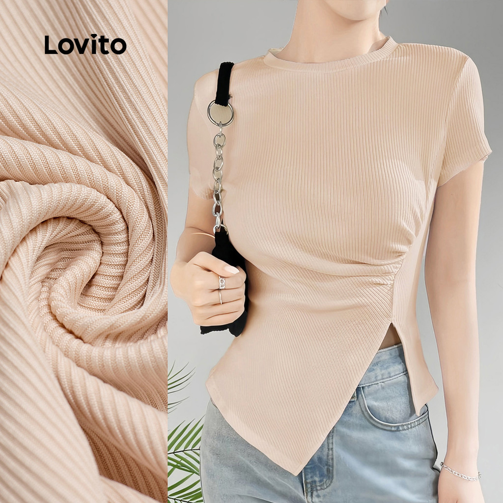 Lovito เสื้อยืดลำลองพับได้สำหรับฤดูใบไม้ผลิ/ฤดูร้อน สีคากี้อ่อนสำหรับผู้หญิง L150AD1961