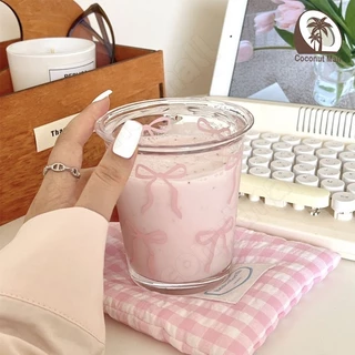 Home café แก้วน้ำแก้วกาแฟ ลายโบว์สีชมพู โปร่งใส แก้ว แก้วน้ำ แก้วกาแฟ สำหรับร้านกาแฟ