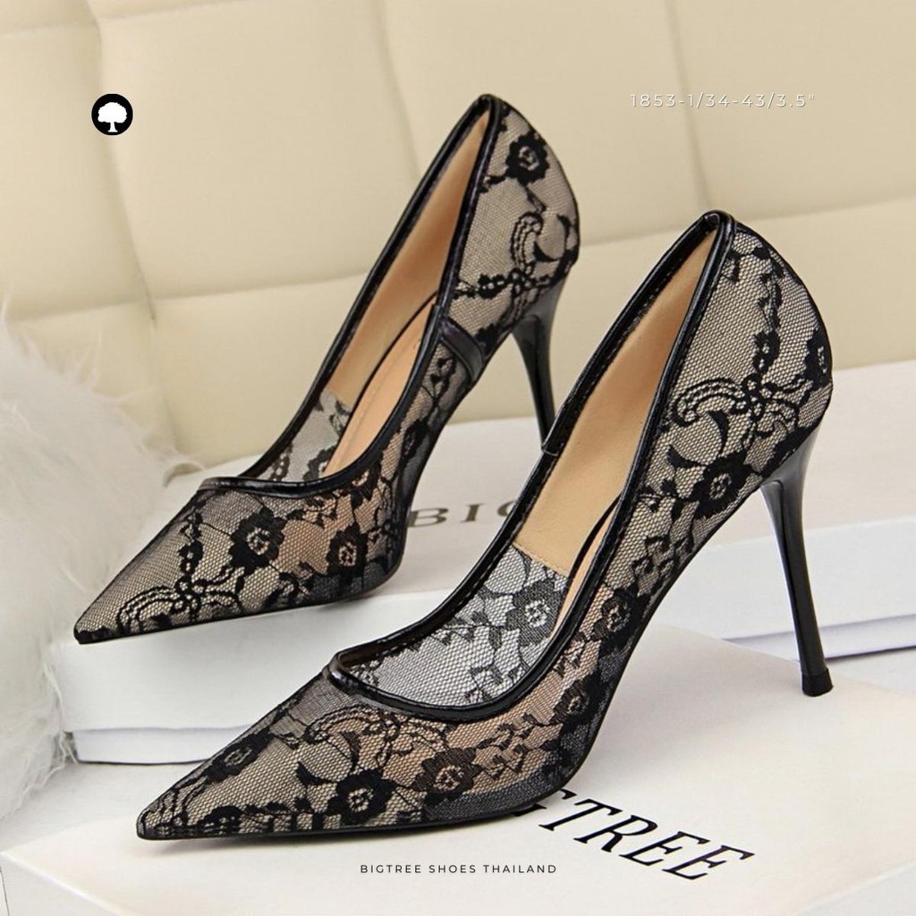 BIGTREE | ส้นสูงลูกไม้หัวแหลม เรียบหรู รุ่น 1853-1 สูง 3.5” | ไซส์ 34–40 พร้อมส่ง