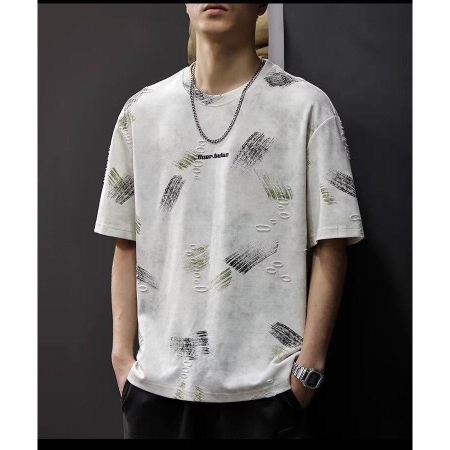 2025 NEW 2025 Large Size High-End American Style Heavy Retro Cloud-Dyed Short Sleeve T-Shirt for Men