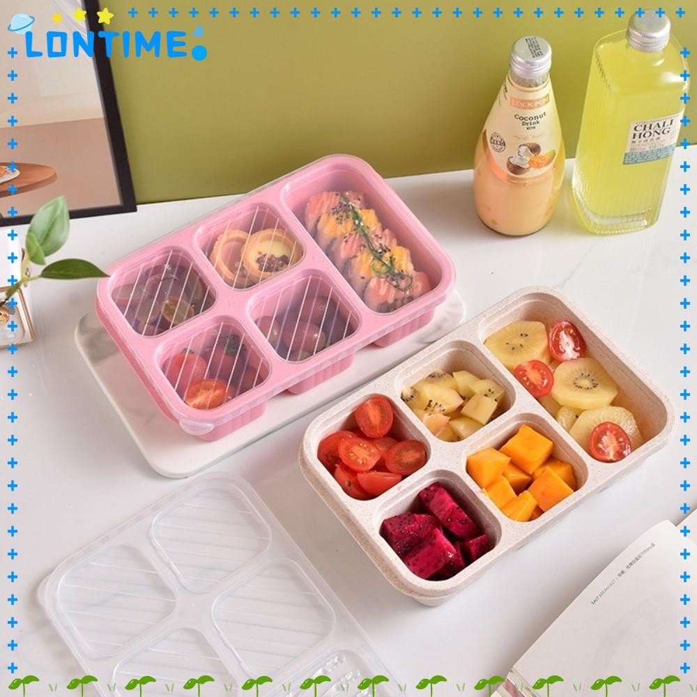 LONTIME ภาชนะใส่ขนม, ถาดเสิร์ฟป้องกันการรั่วเก็บสดพร้อมฝาปิด, ฟางข้าวสาลีแบบพกพา 5 ช่องกล่องอาหารกลางวันเด็กอาหารกลางวันแบก