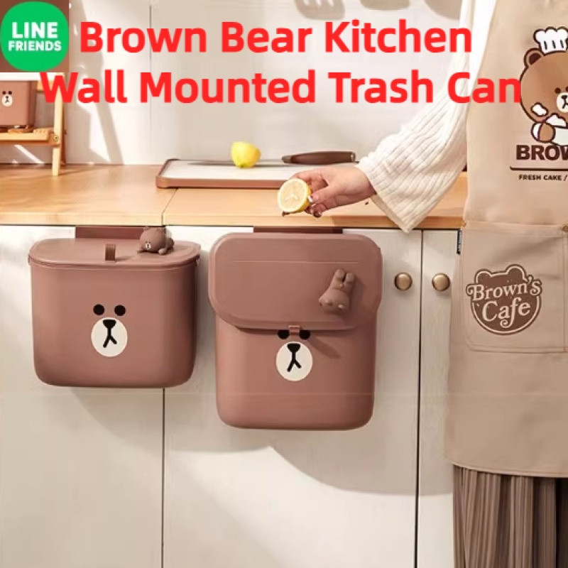 LINE FRIENDS หมีสีน้ําตาลการ์ตูน Rubbish Bin คอนเทนเนอร์ห้องครัวติดผนังถังขยะ rubbish bin ห้องนั่งเล
