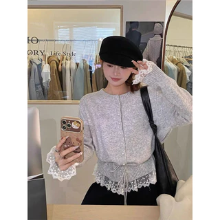 Vogue🌟พร้อมส่ง🌟 เสื้อแขนยาวไหมพรม คอกลม ดีเทลแต่งปลายลูกไม้ สีน่ารัก (V138)
