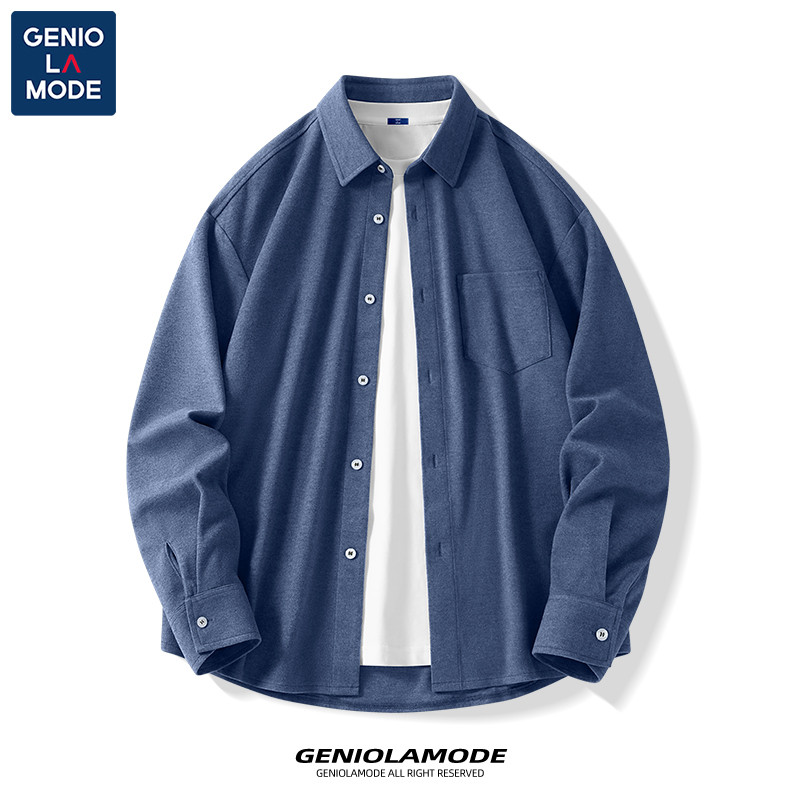 GENIO LAMODE เสื้อแฟลนเนลแขนยาว Unisex สีเทา คอคิวบา เนื้อผ้านุ่มเหมือนขนแกะ ใส่สบายสำหรับฤดูใบไม้ร่วง M-4XL
