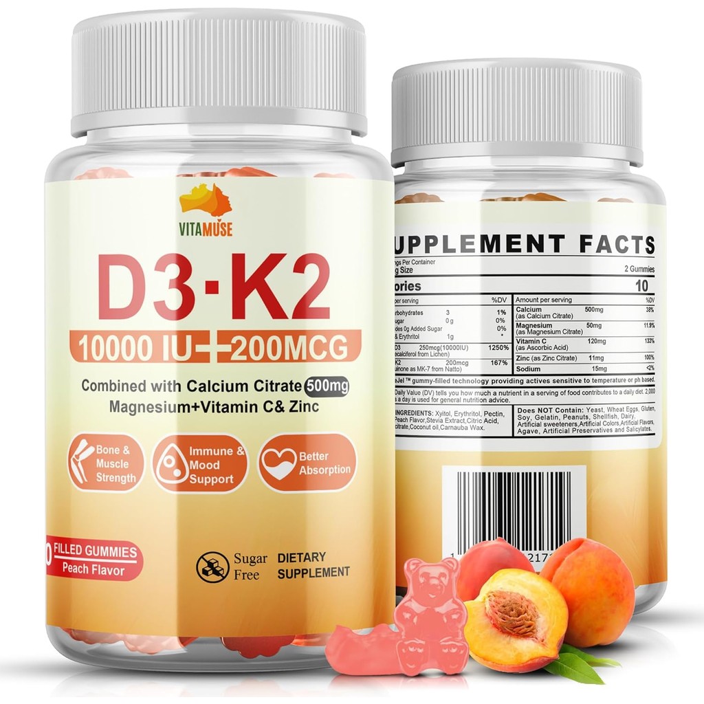 D3+K2 Gummies with Calcium Citrate, Magnesium, Vitamin C, Zinc, 10000 IU, Peach Flavor, Sugar-Free