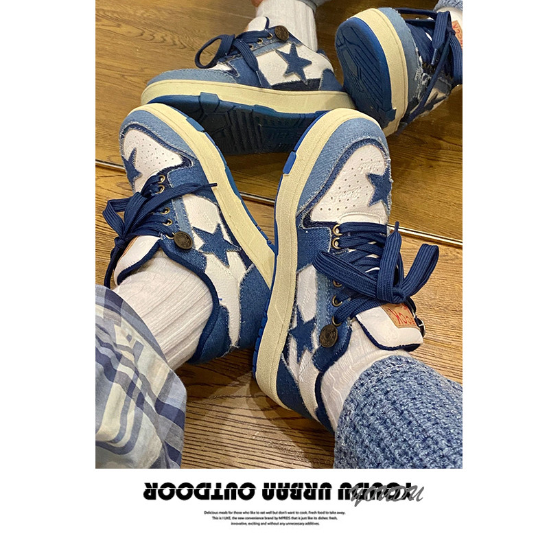 Toxic Brother สไตล์ใหม่ Niche Design Denim Blue Star Board รองเท้าผู้หญิง Casual All-Match แบนรองเท้