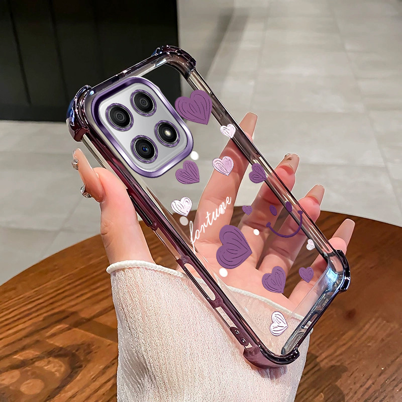 เหมาะสําหรับ Honor X6A X6B X6C X5B X8A X8B x8c 4G 5G เคสโทรศัพท์สี่มุมซิลิโคน TPU หัวใจยิ้มโปร่งใส soft shell 021
