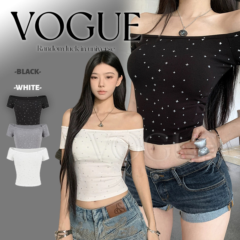 Vogue🌟พร้อมส่ง🌟 เสื้อแขนสั้น ดีเทลเปิดไหล่ สีพื้น สไตล์วายทรูเค สีพื้น (FYB24)