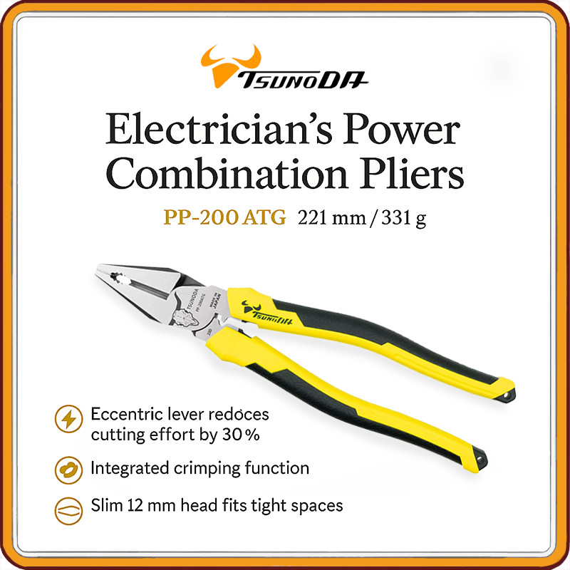 Tsunoda Electrician’s Power Pliers PP-200ATG – High-Leverage Combination Cutter & Crimper, Slim 12 m