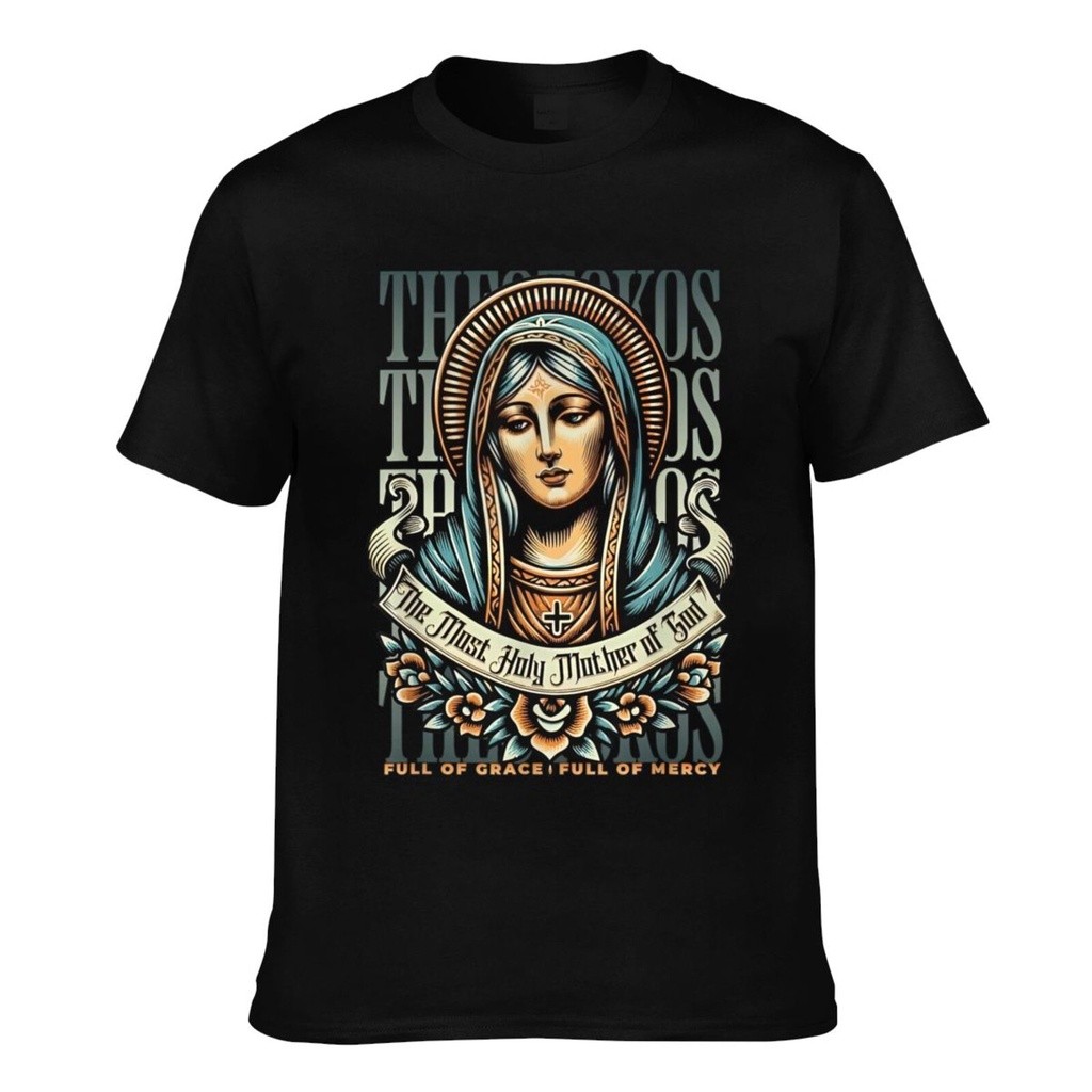คุณภาพดี ใหม่ Retro Eastern Greek Orthodox Theotokos Virgin Mary Icon เสื้อยืดผู้ชายผ้าฝ้ายแท้