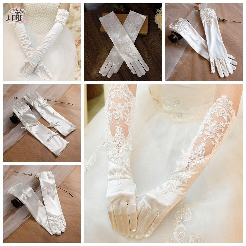 JEREMY1 ซาตินถุงมือยาว,ลูกไม้สีขาวงานแต่งงานเจ้าสาวถุงมือ, Elegant Elastic Vintage Sweet Long Finger