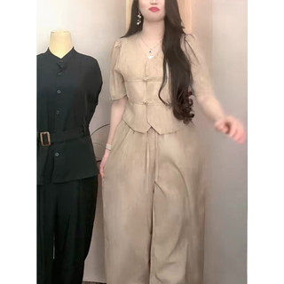 Setelan Dua Potong Atasan Pendek Lengan Balon + Celana Lebar Warna Coklat Muda | Bahan Katun Lembut Adem Nyaman | Original By FADFAD.ID | Gaya Elegan Kasual Modis | Cocok OOTD Kantor & Santai