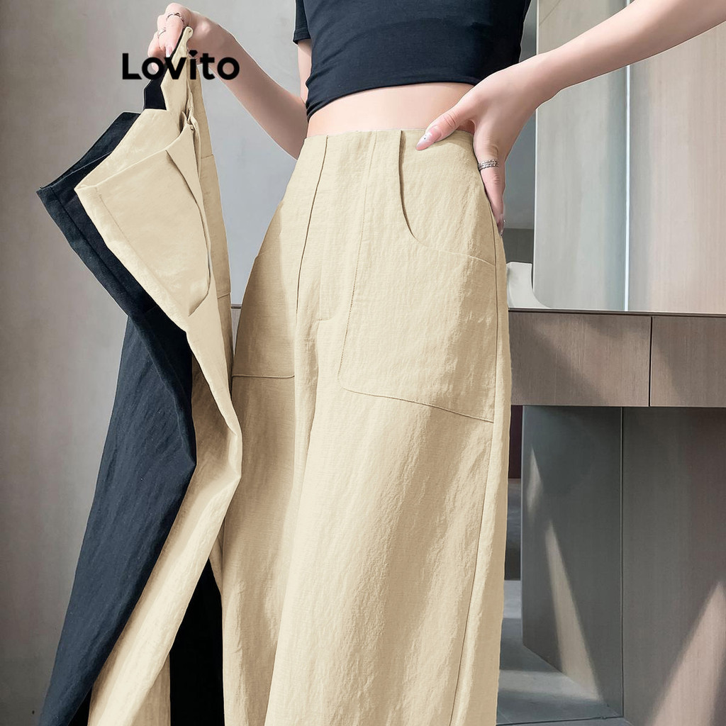 Lovito กางเกงลําลอง กางเกงกระเป๋าสีพื้นสําหรับผู้หญิง LNM69269