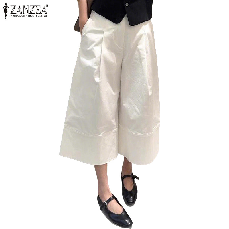 ZANZEA ใส่ ซานเซีย ผู้หญิงเกาหลีสบายๆเอวยางยืดจีบขากว้างกับกระเป๋ากางเกง การโกง