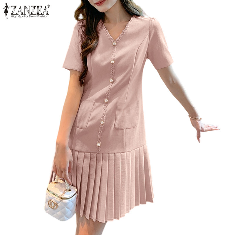 ZANZEA ซานเซีย ผู้หญิงแฟชั่นเกาหลีแขนสั้นคอวีตกแต่งปุ่มจีบชุด