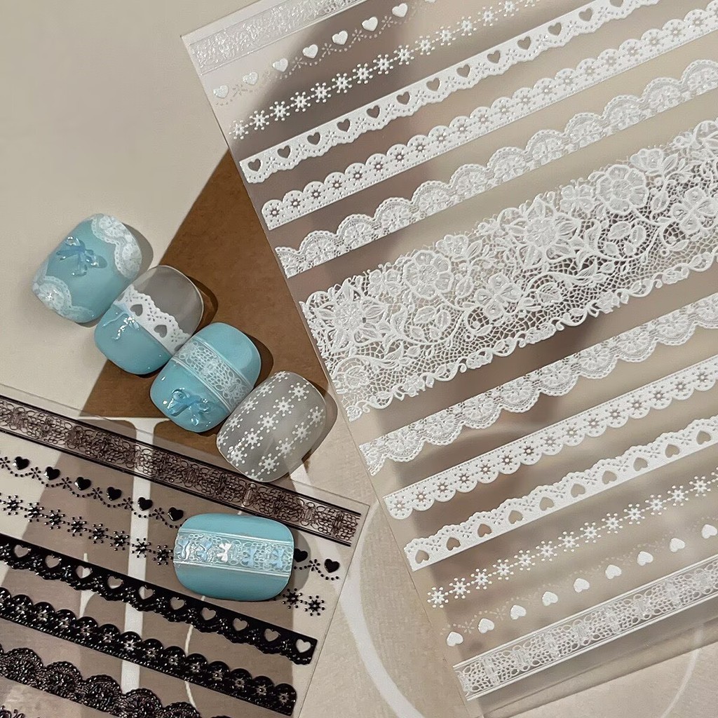 น่ารัก Retro Rococo Pure Desire Love Heart Snowflake สีดําสีขาวลายลูกไม้ผ้ารูปแบบเล็บบาง Tough สไตล์เล็บสติกเกอร์