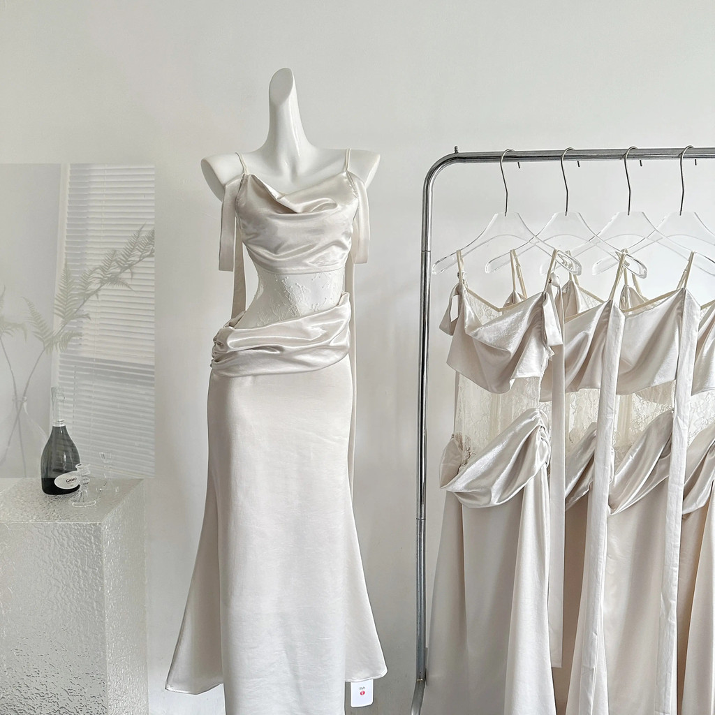 Dreamy Elegant Satin Cowl Neck Maxi Dress with Lace Cutout Perfect for Wedding Guest & Date Night OO