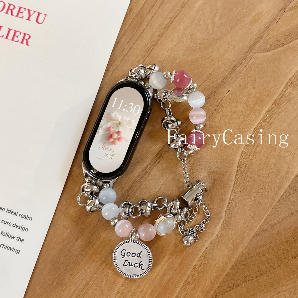 Pink Cats Eye Stone Chain Strap สําหรับ Xiaomi Mi Band 10 9 8 7 6 5 4 3 สําหรับ Redmi Watch 6 5 4 สายรัดข้อมือแบบปรับได้