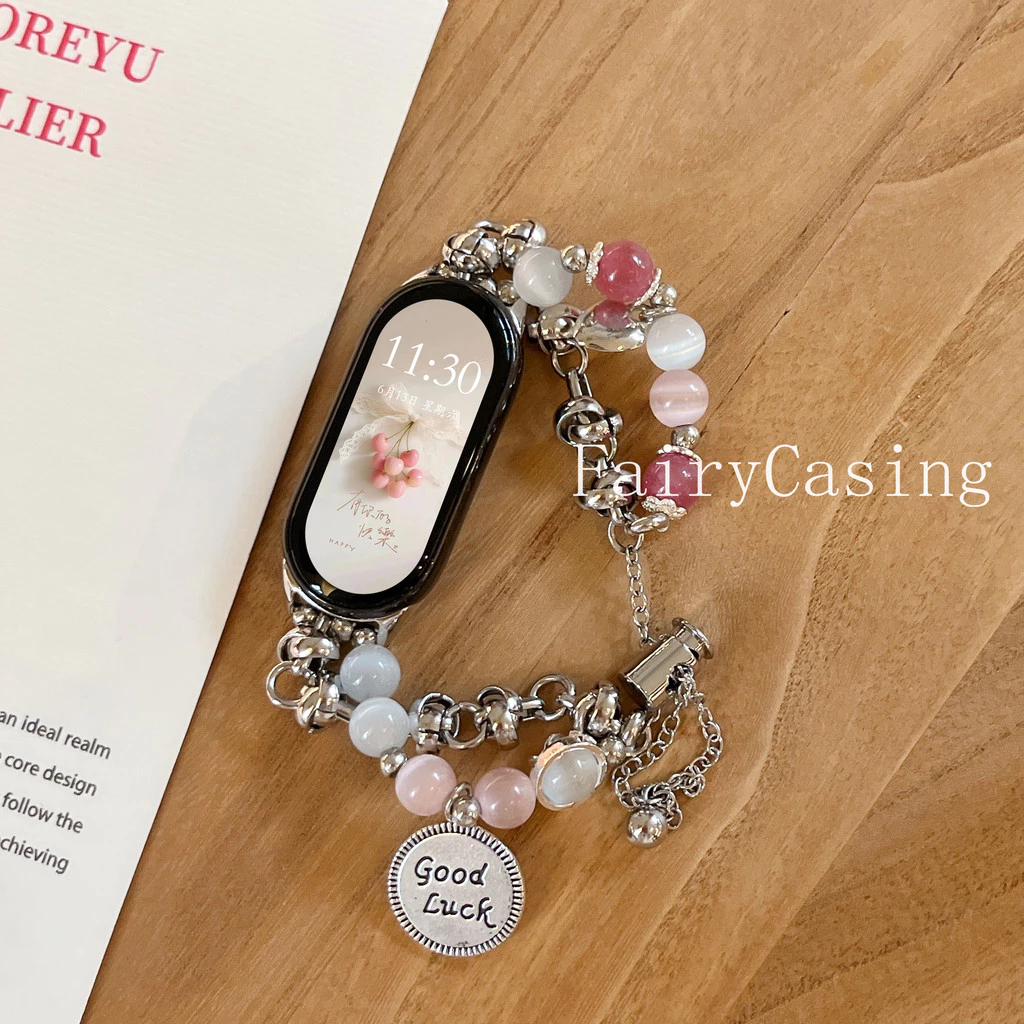 Pink Cats Eye Stone Chain Strap สําหรับ Xiaomi Mi Band 10 9 8 7 6 5 4 3 สําหรับ Redmi Watch 6 5 4 สายรัดข้อมือแบบปรับได้
