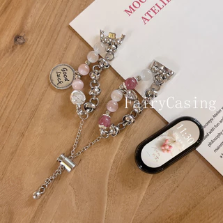 Pink Cats Eye Stone Chain Strap สําหรับ Xiaomi Mi Band 10 9 8 7 6 5 4 3 สําหรับ Redmi Watch 6 5 4 สายรัดข้อมือแบบปรับได้