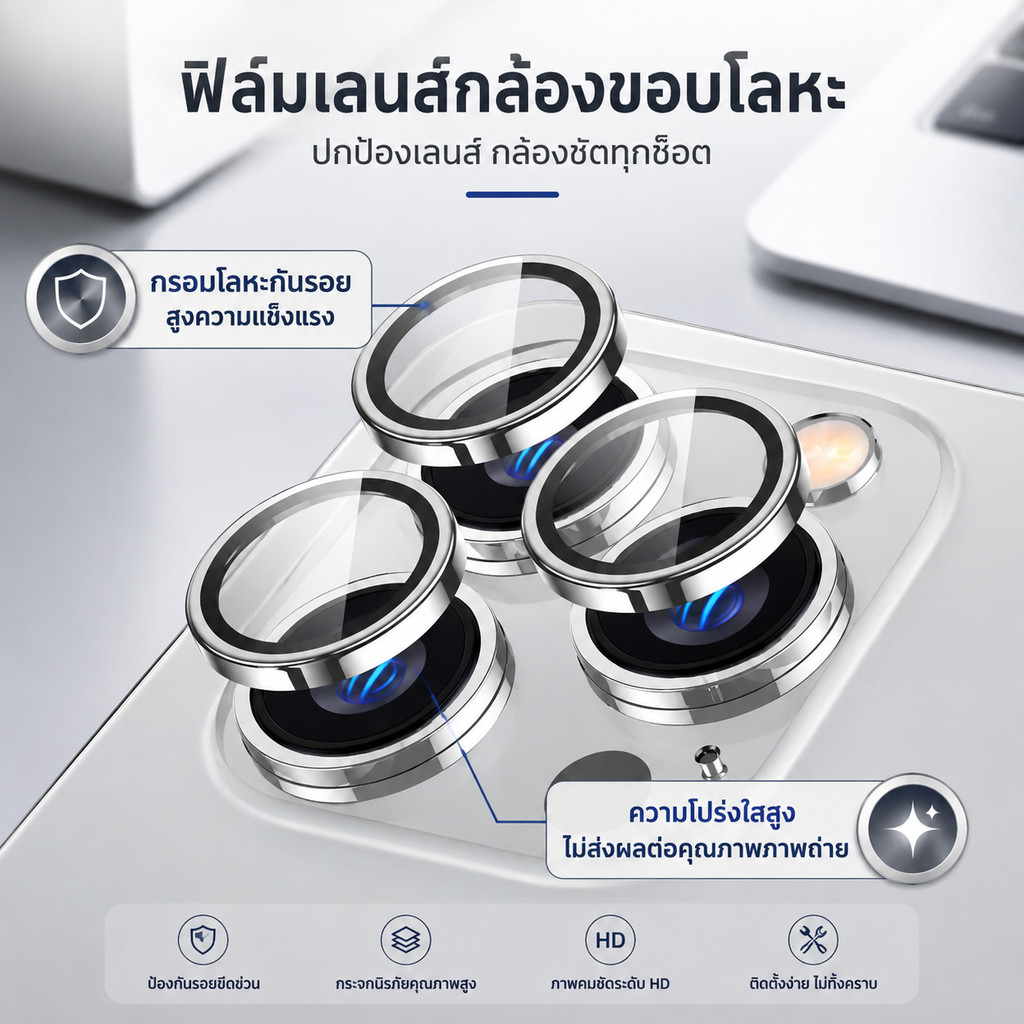 ฟิล์มกระจกกันรอยเลนส์กล้อง iPhone กรอบโลหะ กันแตก กันกระแทก 9H HD Clear ไม่กระทบคุณภาพรูป พร้อมส่ง-D3#JTGHM