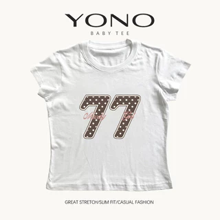 (พร้อมส่ง24ชม.) baby tee สีเบจ ลายเลข 77 ลายจุด ฟีลอเมริกันคอลเลจวินเทจ ทรงเข้ารูป ใส่ชิค