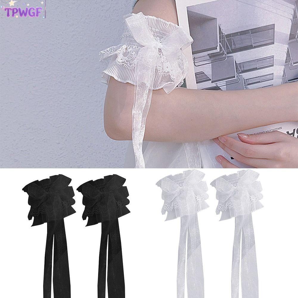 TPWGF ปลอกแขน, แขนมือ Ruffled ดอกไม้ Layered ลูกไม้แขน, อุ่น Oversleeves ยืดหยุ่น Bowknot ARM Cuffs เจ้าสาว