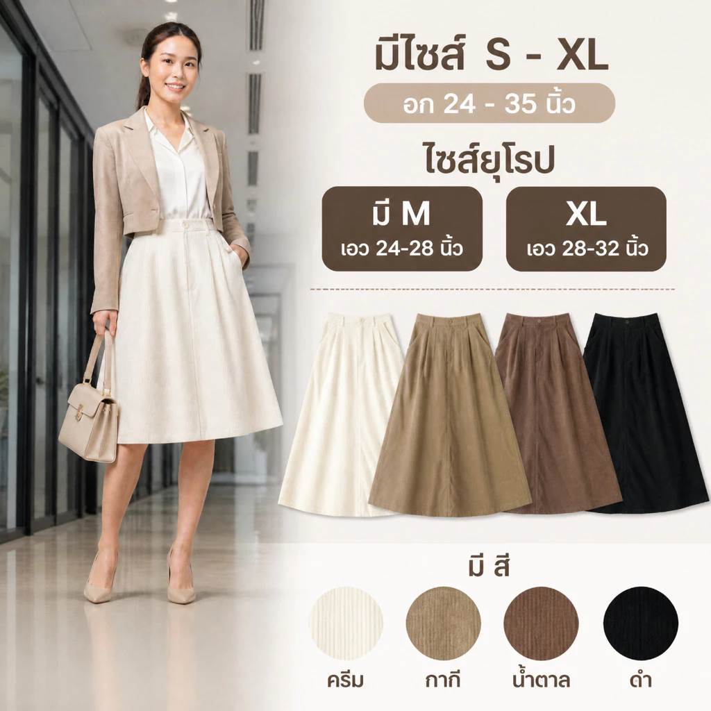 Kaekai พร้อมส่ง กระโปรงยาว ผ้าลูกฟูก กระดุมหน้า สม็อคหลัง แฟชั่นยอดฮิต ทรงบาน ใส่แล้วพรางหุ่นสุดๆ