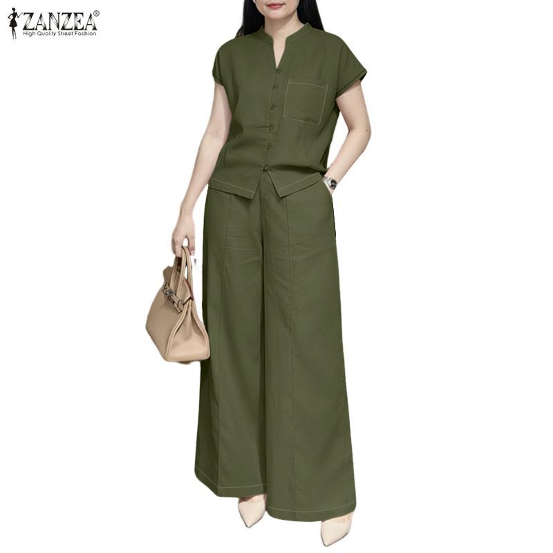ZANZEA ซานเซีย วันหยุดเกาหลีของผู้หญิงสีทึบยืนปกแขนสั้นหลวมชุดหลวมขากว้าง — صورة 6